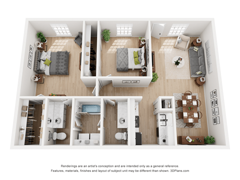 a 3d rendering of the upper floor of a 1 bedroom